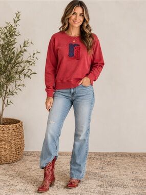 Boutique Sweatshirt With Embroidered Red & Blue Boots.